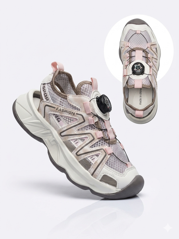 صندل جلو بسته دخترانه دکمه چرخشی رنگ صورتی کرم مدل Sport-Mesh