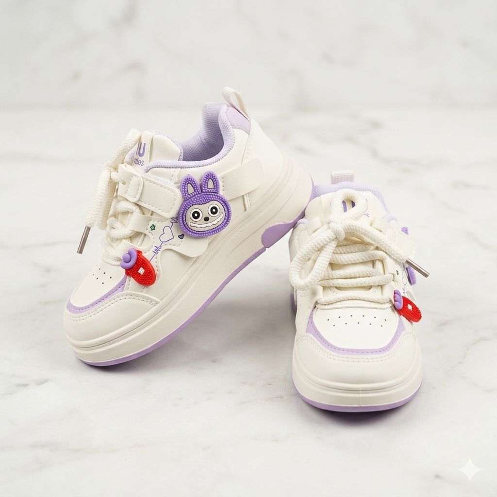 کتانی اسپرت بچه‌گانه سفید یاسی مدل Cute Bunny با چسب و بند، مناسب دختر و پسر  �