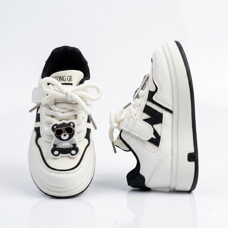 کتانی دخترانه پسرانه مشکی سفید بچگانه لژدار طرحدار
