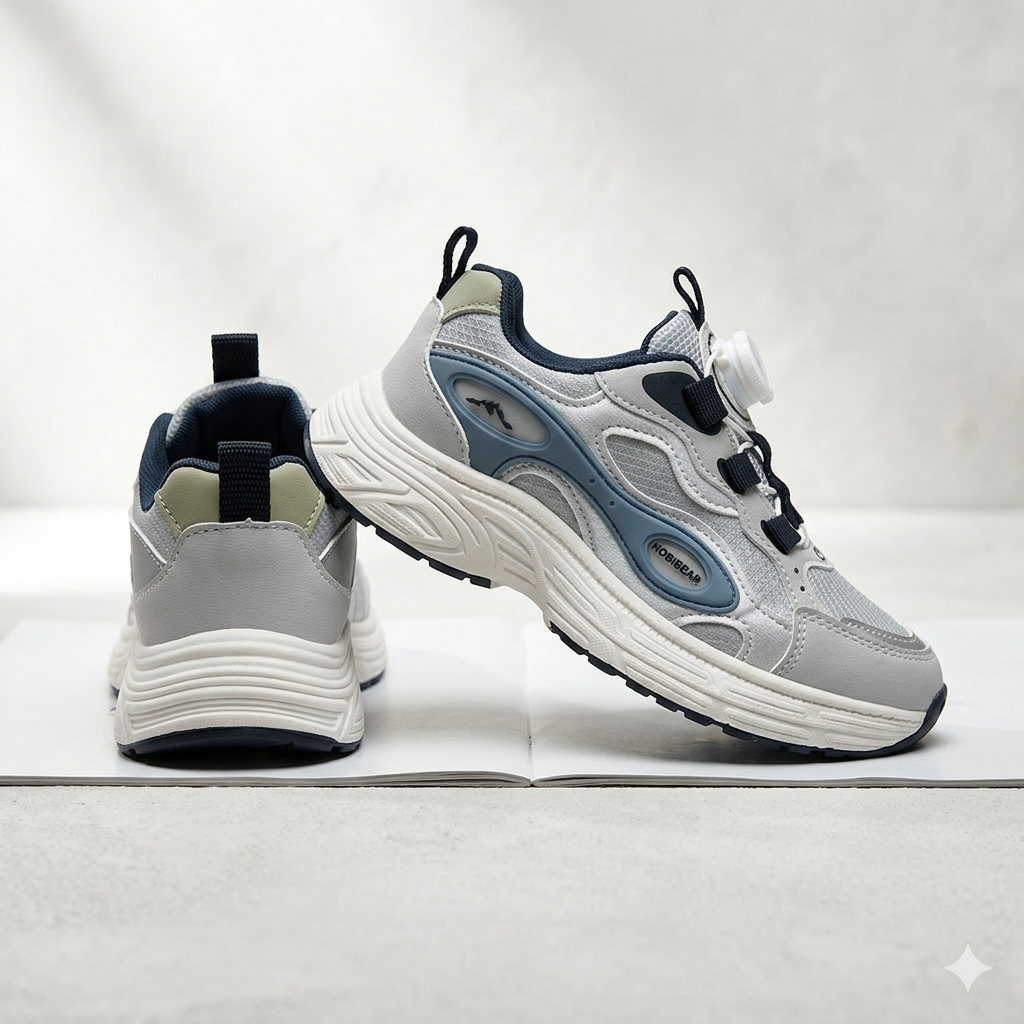 کتانی ورزشی نوجوان هوبی بر رنگ طوسی و سورمه ای لژدار همراه با نمای پشت کفش