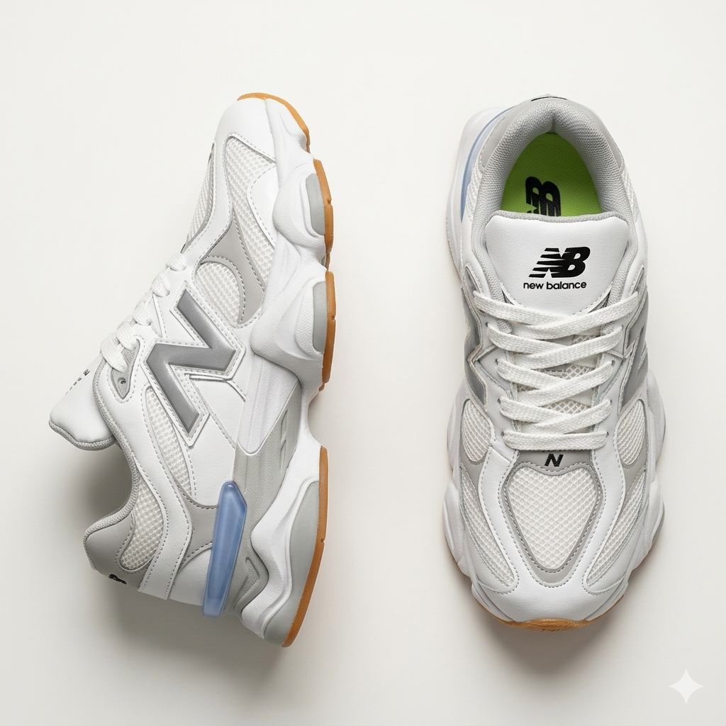 کتانی اسپرت New Balance مدل 9060 رنگ سفید طوسی با زیره عسلی از نمای بالا روی پس زمینه سفید⁠