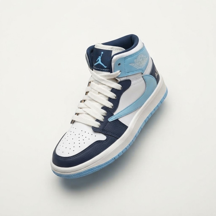 زاویه بغل کتانی Air Jordan 1 Mid آبی با لوگوی معکوس نایکی